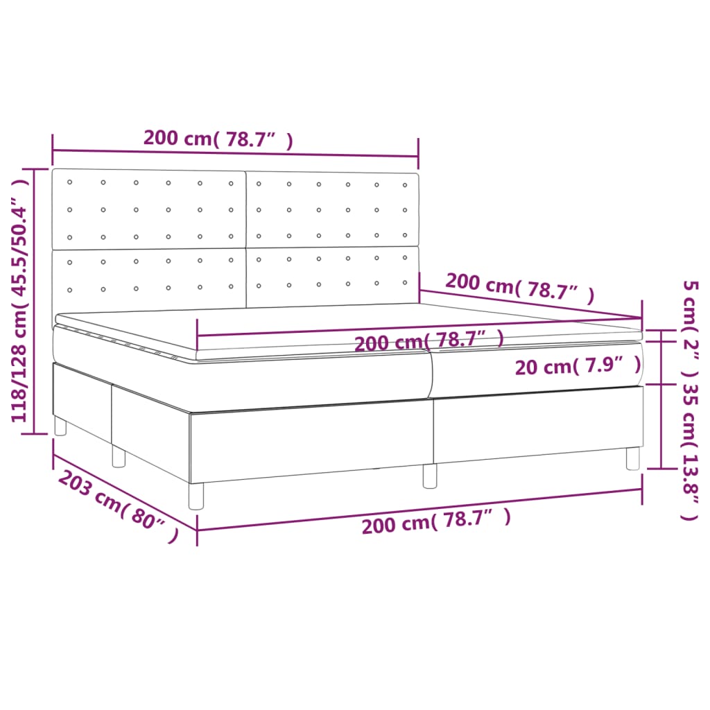 fekete szövet rugós és LED-es ágy matraccal 200x200 cm