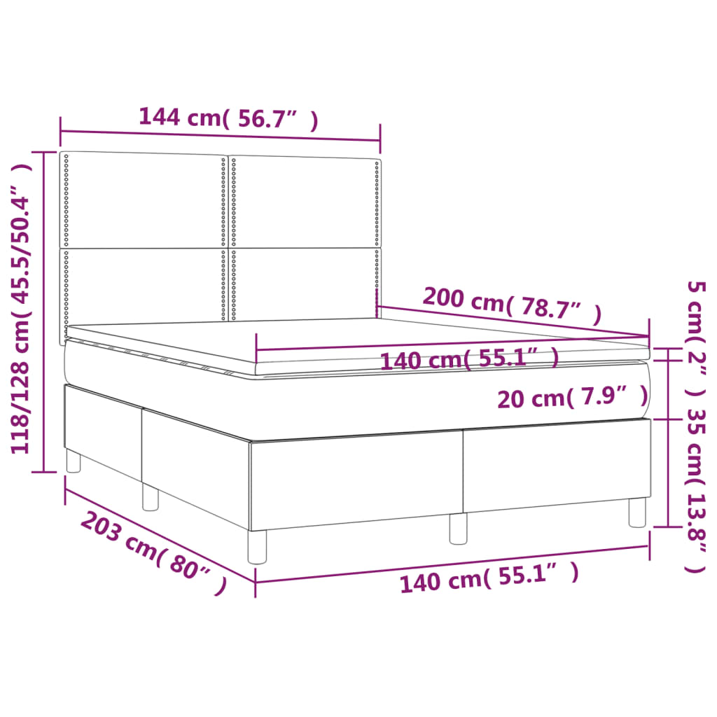 szürke műbőr rugós ágy matraccal és LED-del 140x200 cm