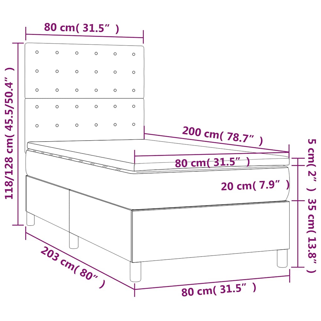 fekete műbőr rugós ágy matraccal és LED-del 80 x 200 cm