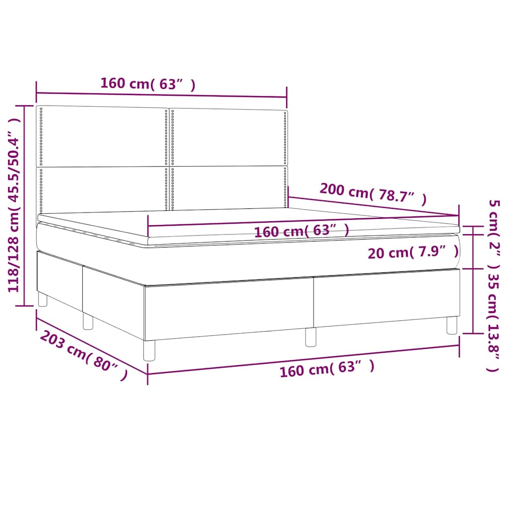 sötétkék bársony rugós és LED-es ágy matraccal 160x200 cm