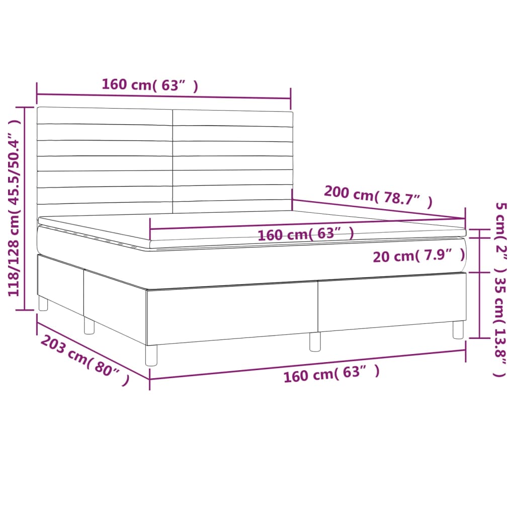 sötétszürke bársony rugós és LED-es ágy matraccal 160x200 cm