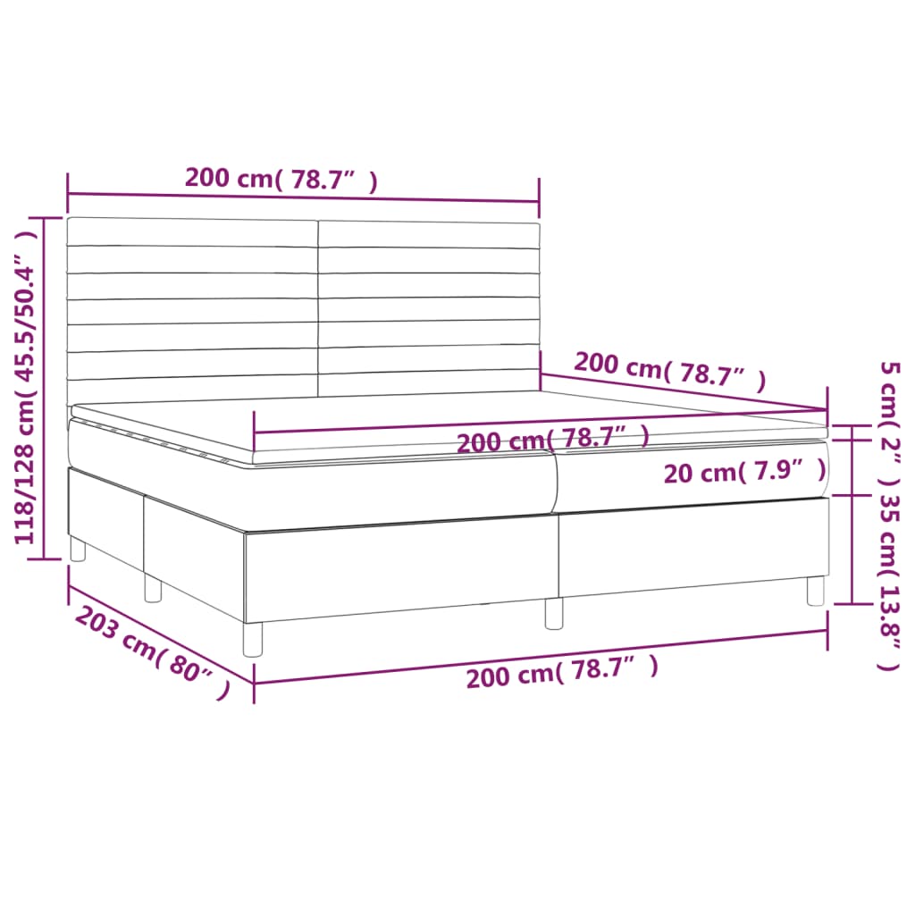 fekete bársony rugós és LED-es ágy matraccal 200x200 cm