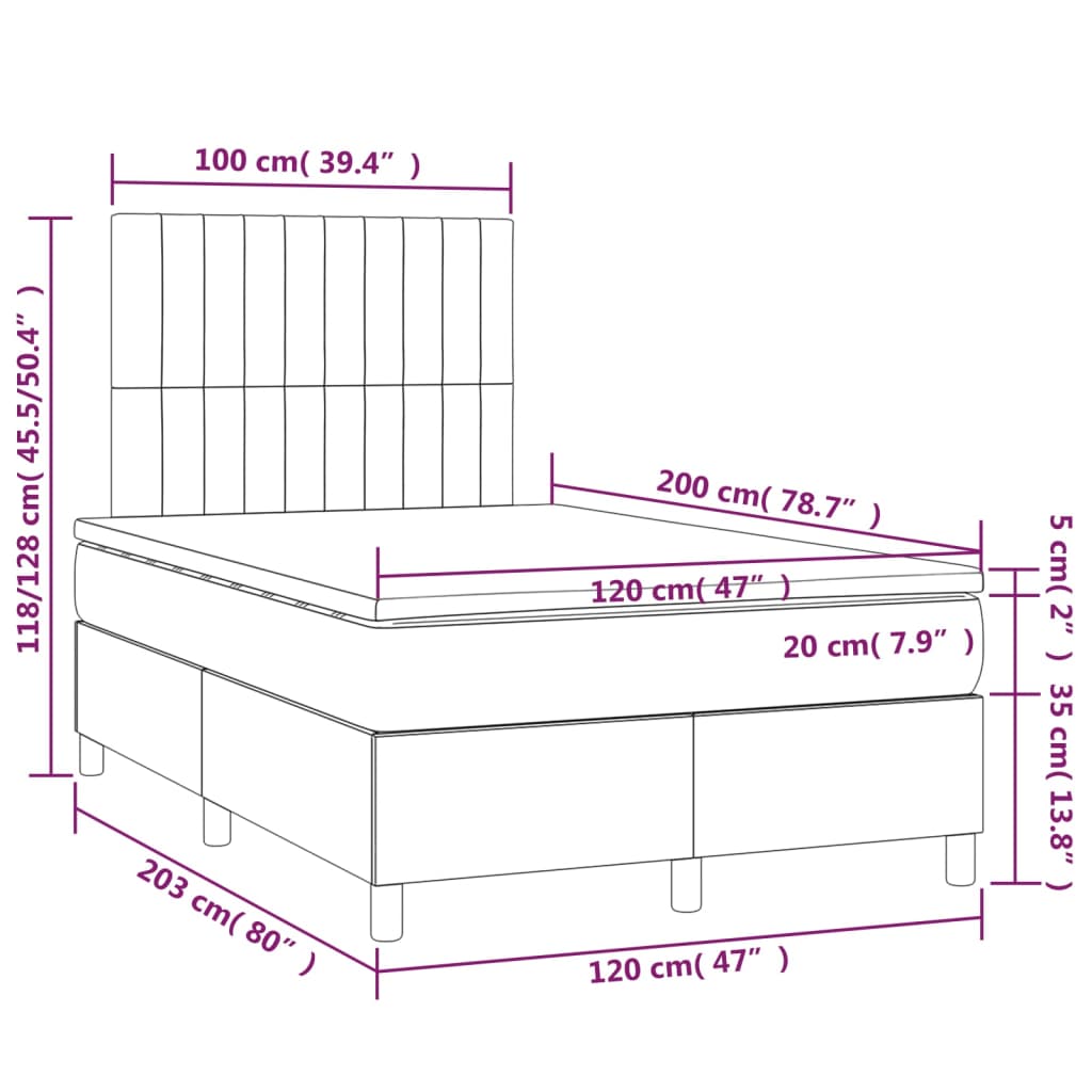 sötétszürke bársony rugós és LED-es ágy matraccal 120x200 cm