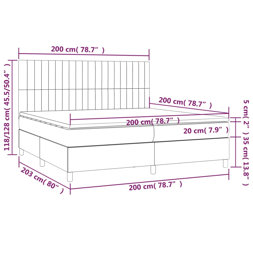 világosszürke bársony rugós és LED-es ágy matraccal 200x200 cm