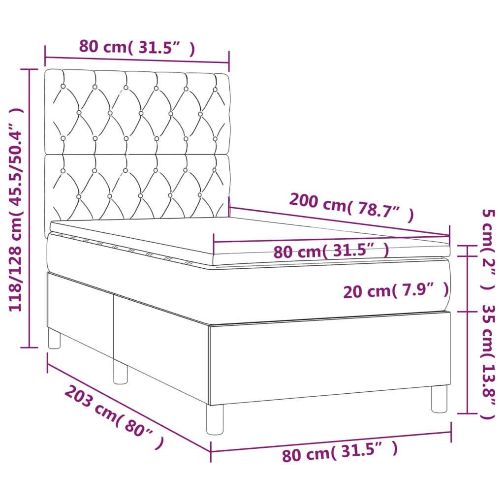 rózsaszín bársony rugós és LED-es ágy matraccal 80 x 200 cm