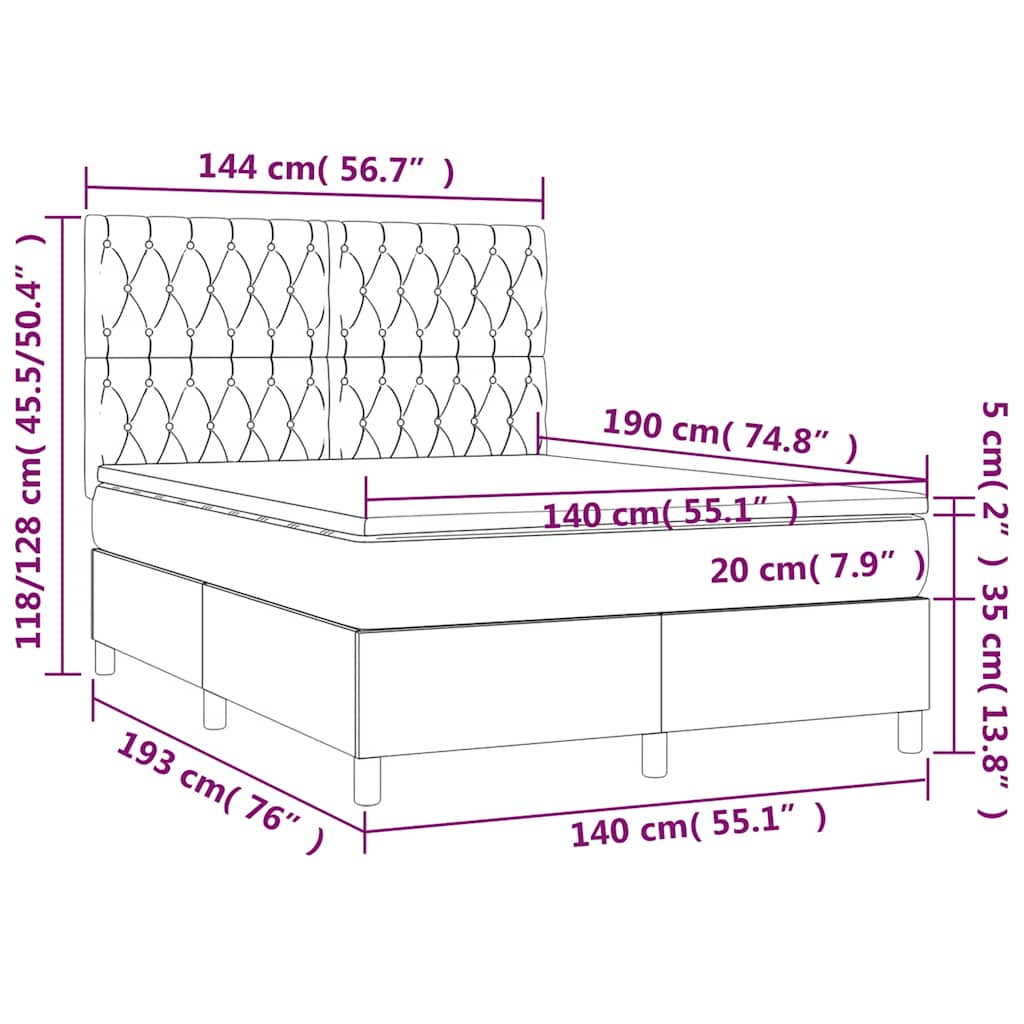 sötétkék bársony rugós és LED-es ágy matraccal 140x190 cm