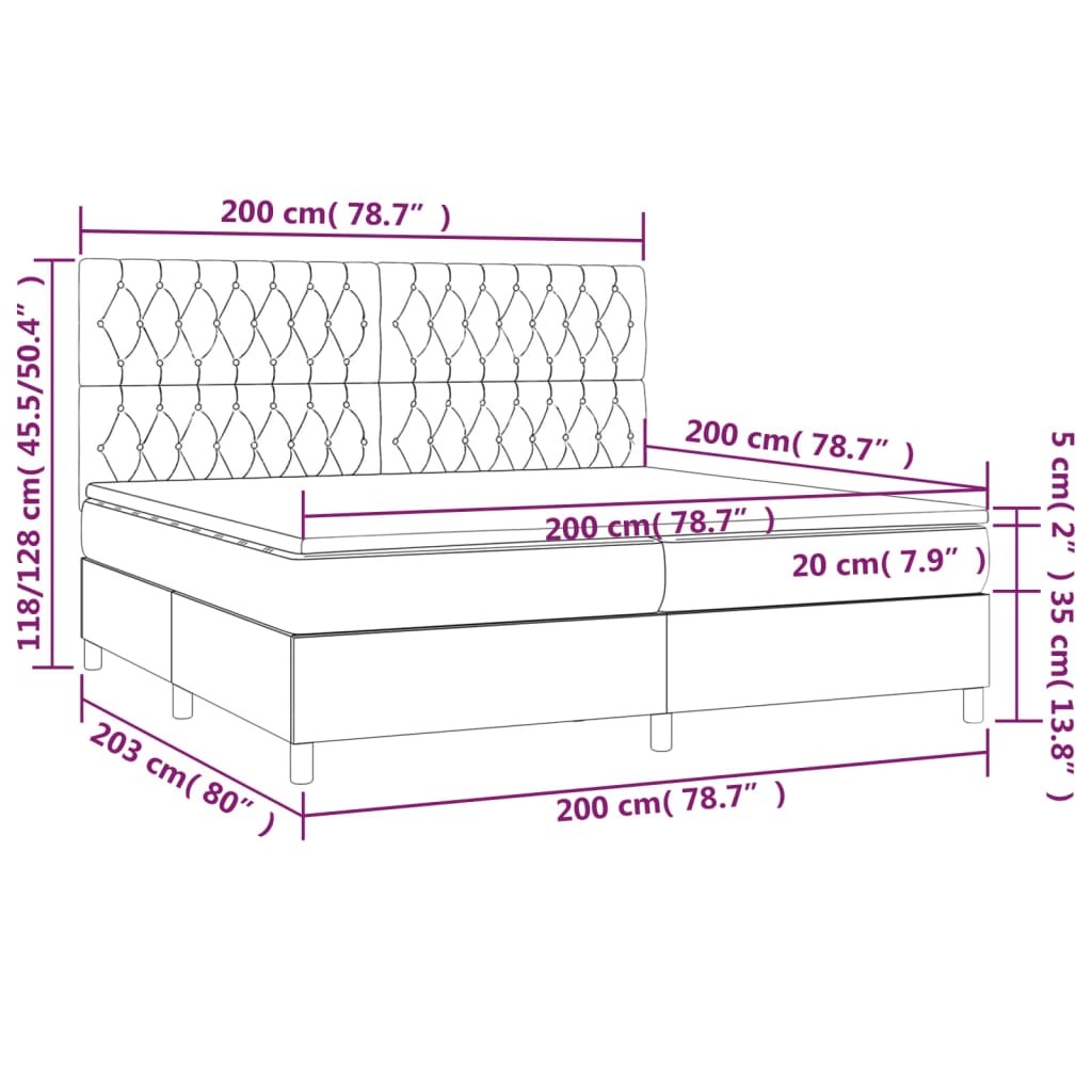 világosszürke bársony rugós és LED-es ágy matraccal 200x200 cm