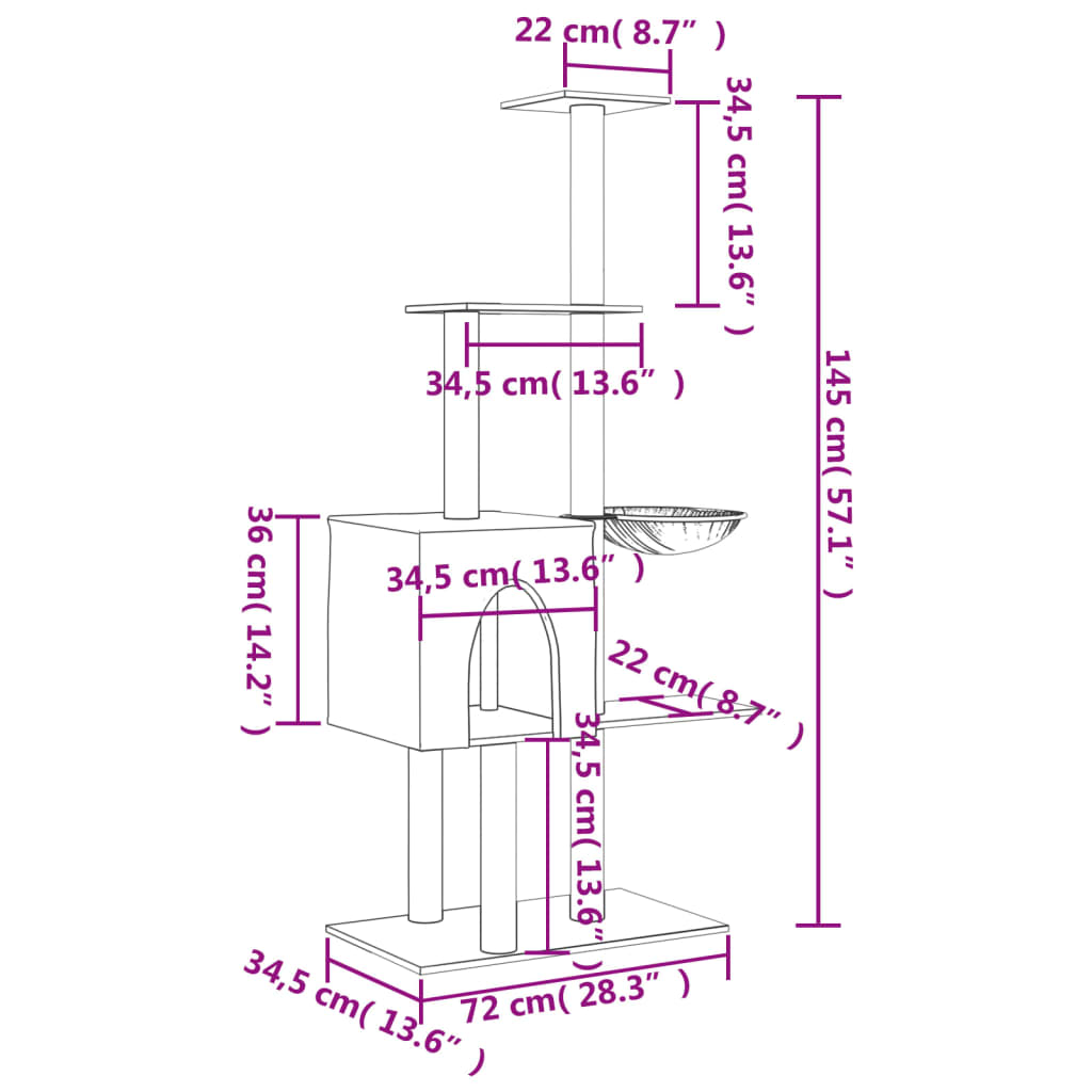 sötétszürke macskabútor szizál kaparófával 145 cm