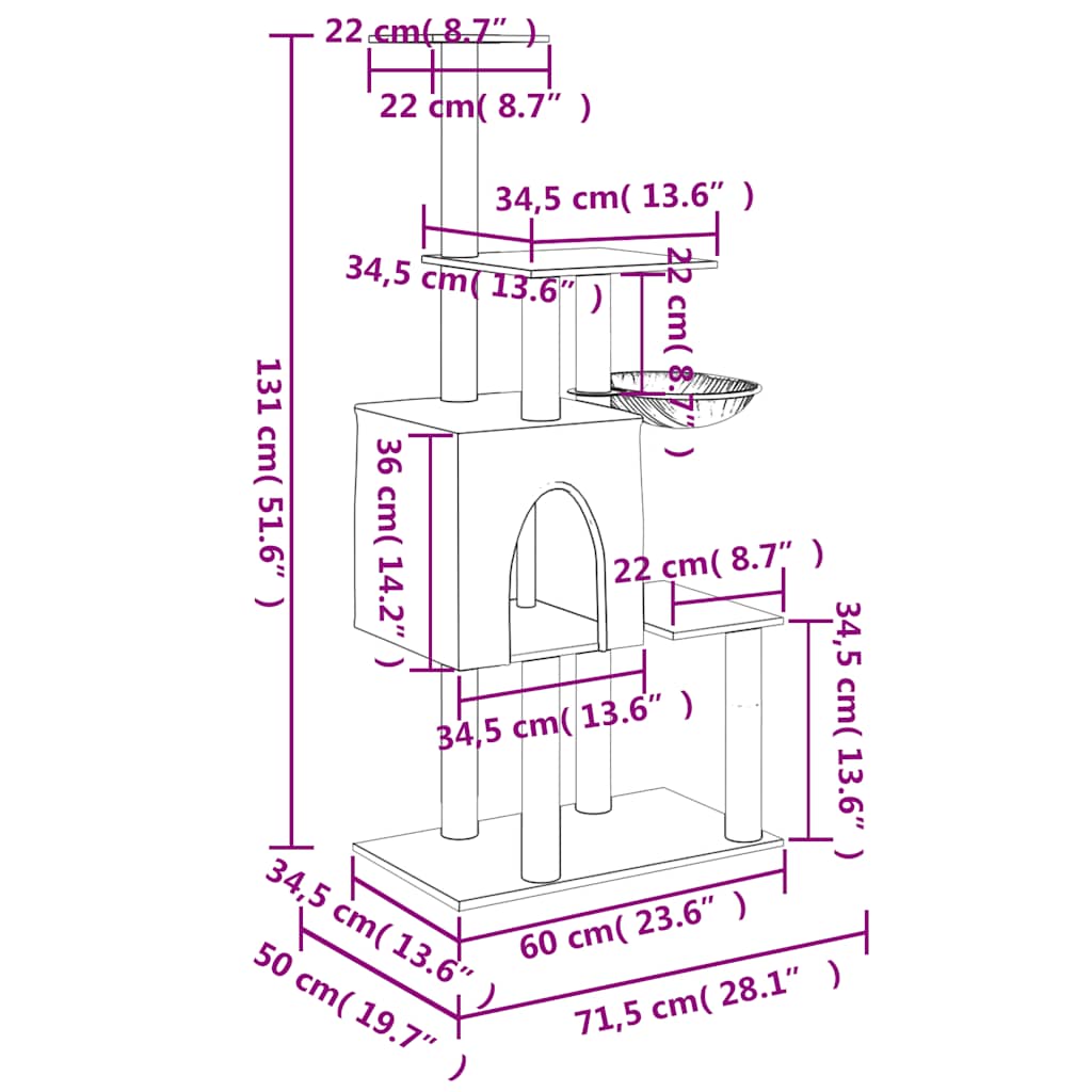 világosszürke macskabútor szizál kaparófákkal 131 cm
