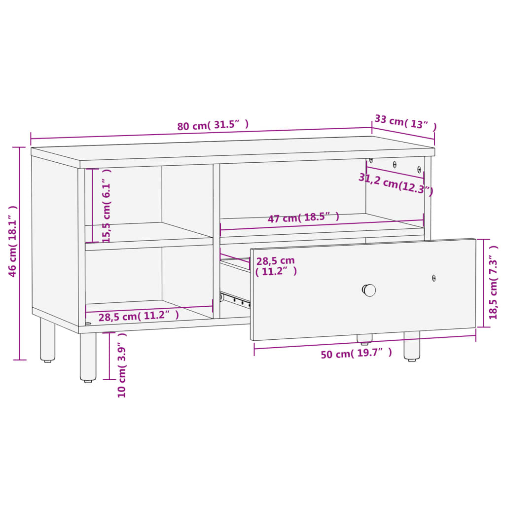 fekete tömör mangófa TV-szekrény 80 x 33 x 46 cm
