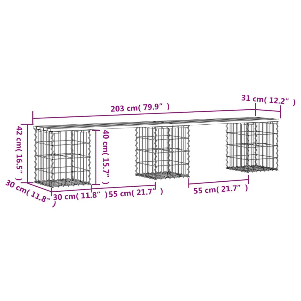 tömör fenyőfa gabion kerti pad 203x31x42 cm
