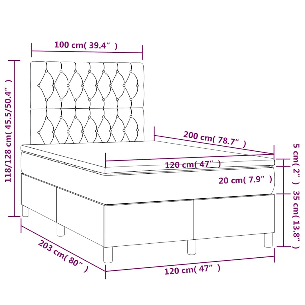 sötétkék bársony rugós ágy matraccal 120 x 200 cm