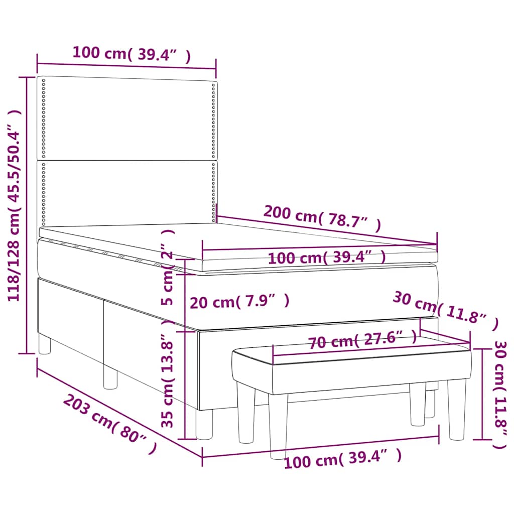 sötétkék bársony rugós ágy matraccal 100 x 200 cm