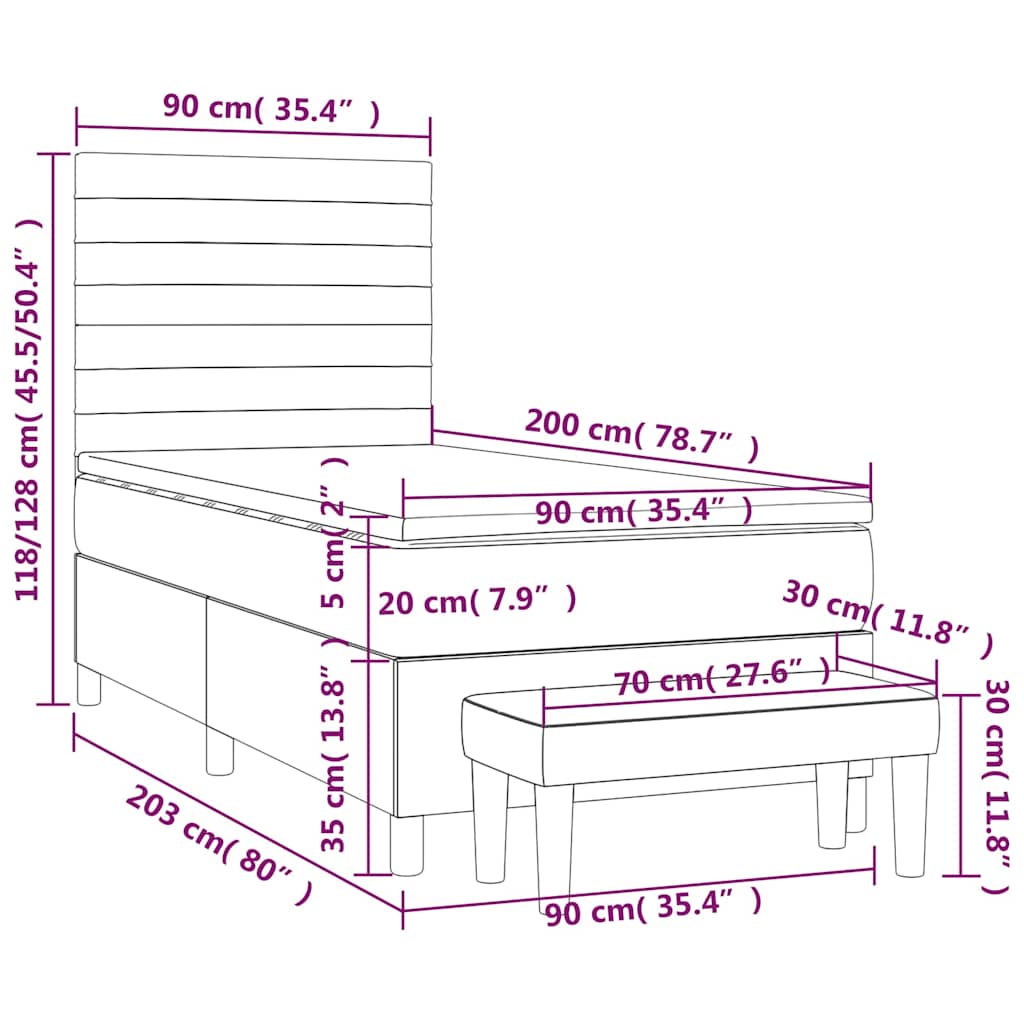 sötétkék bársony rugós ágy matraccal 90 x 200 cm