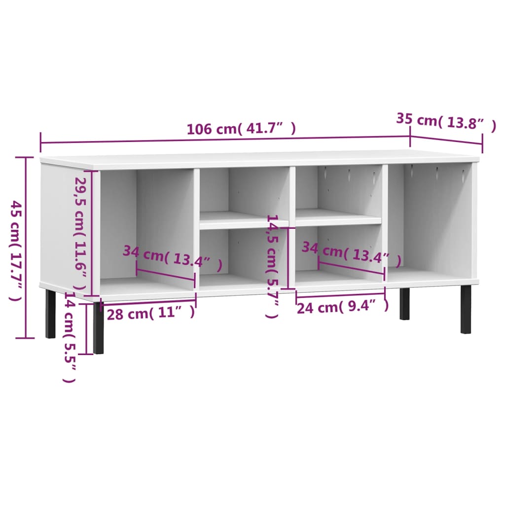 OSLO fehér tömör fa cipőszekrény fém lábakkal 106 x 35 x 45 cm