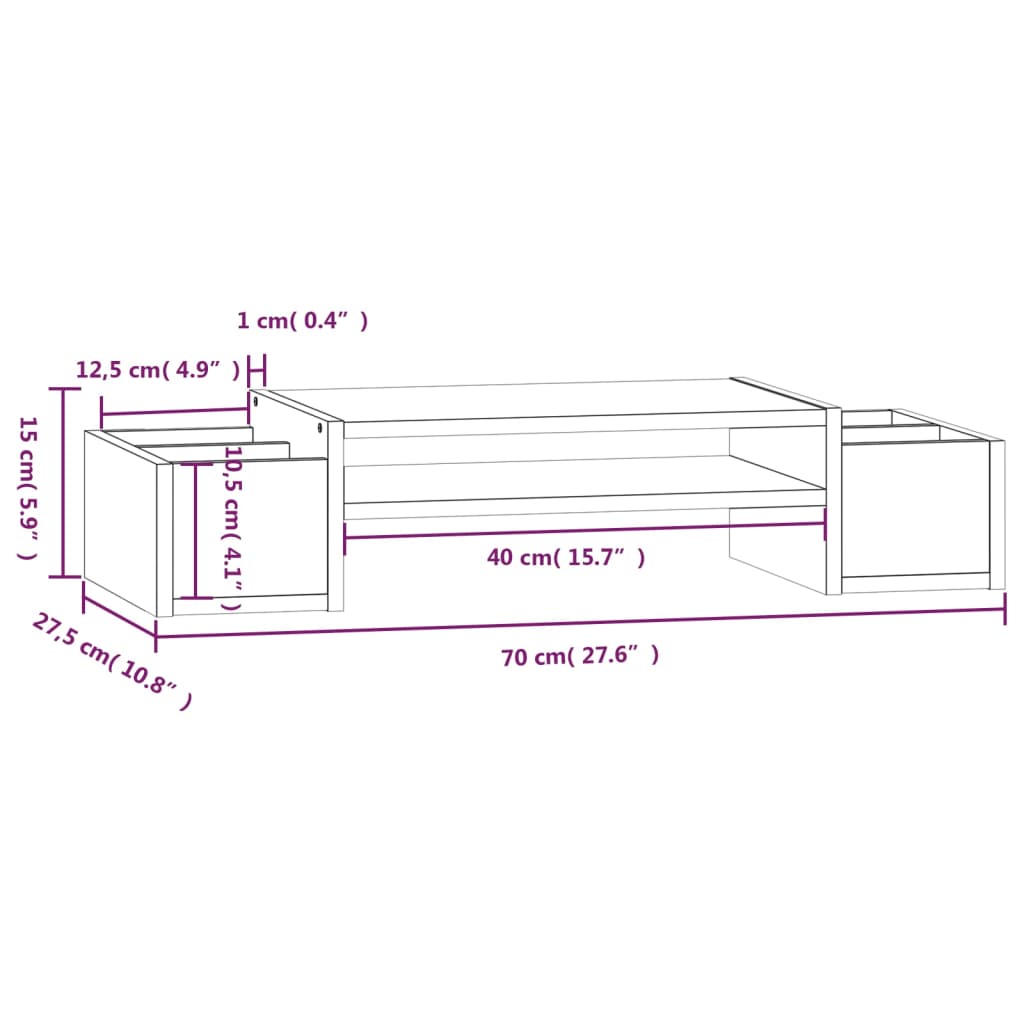 fehér tömör fenyőfa monitorállvány 70x27,5x15 cm