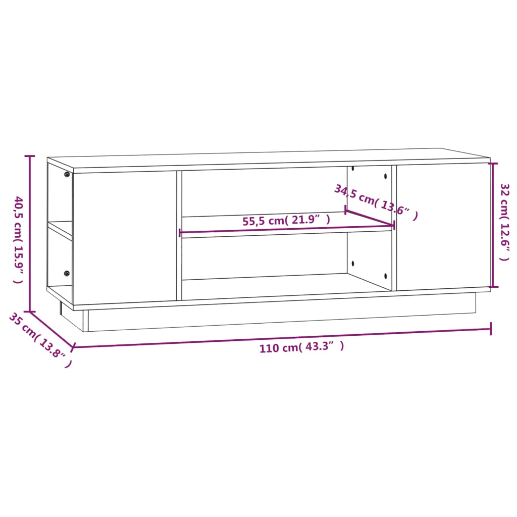 fehér tömör fenyőfa TV-szekrény 110 x 35 x 40,5 cm