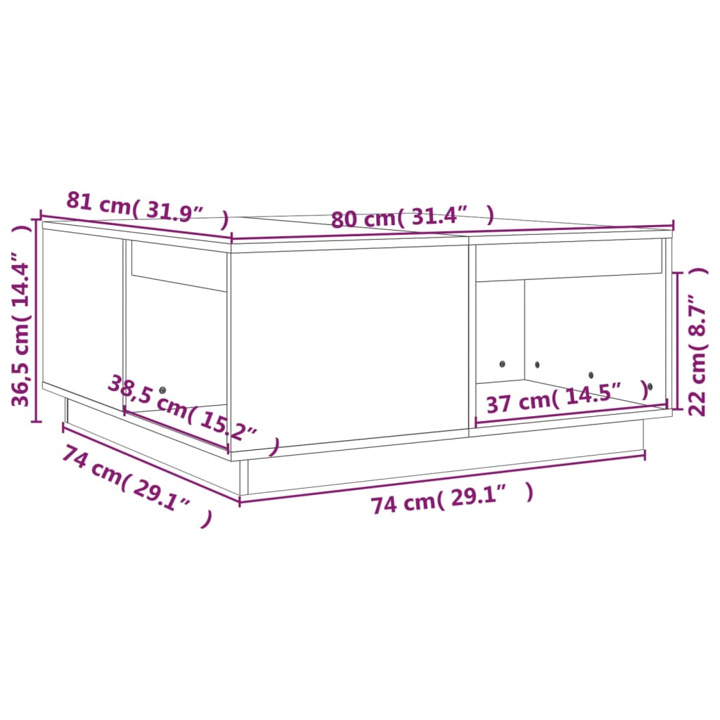 tömör fenyőfa dohányzóasztal 80x81x36,5 cm