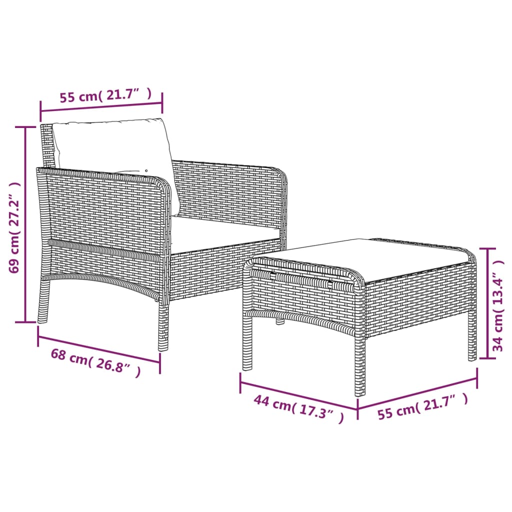 2 részes fekete polyrattan kerti ülőgarnitúra párnákkal