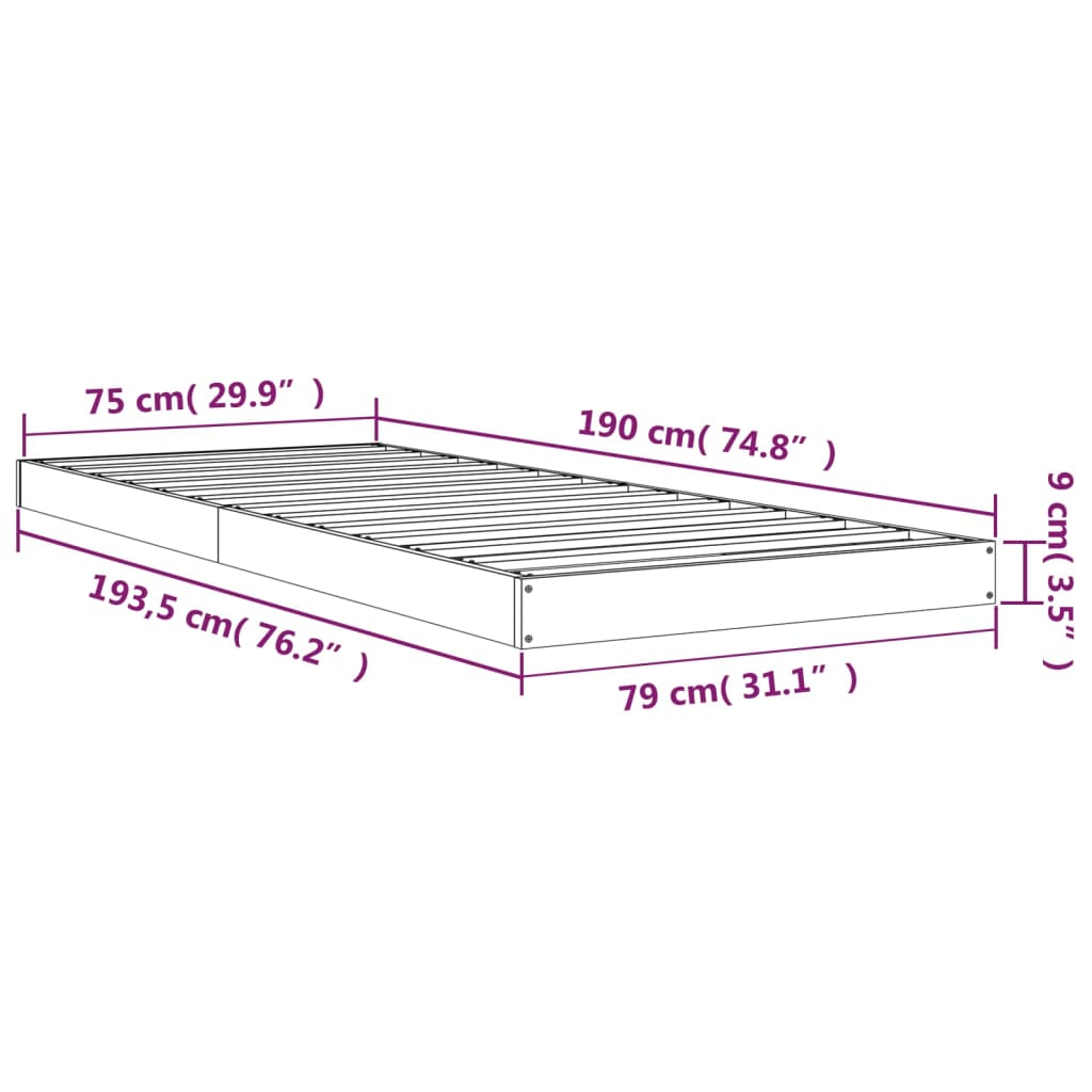 fekete egyszemélyes tömör fenyőfa ágykeret 75 x 190 cm