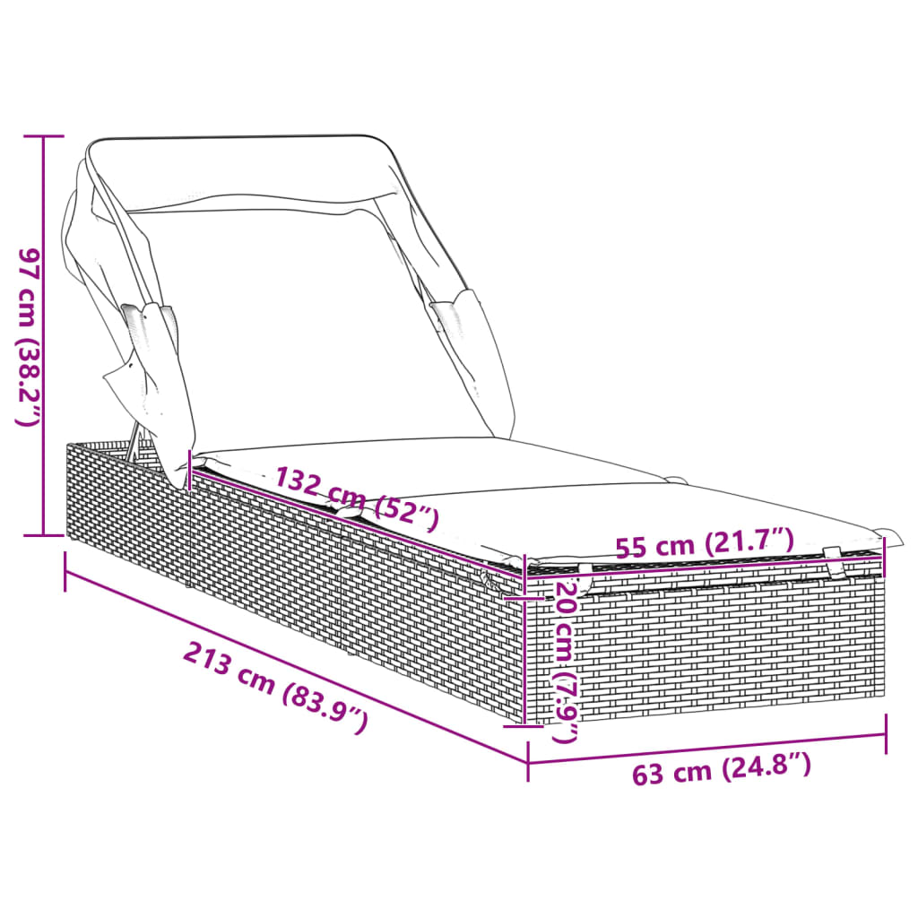fekete polyrattan napozóágy összecsukható tetővel 213x63x97 cm