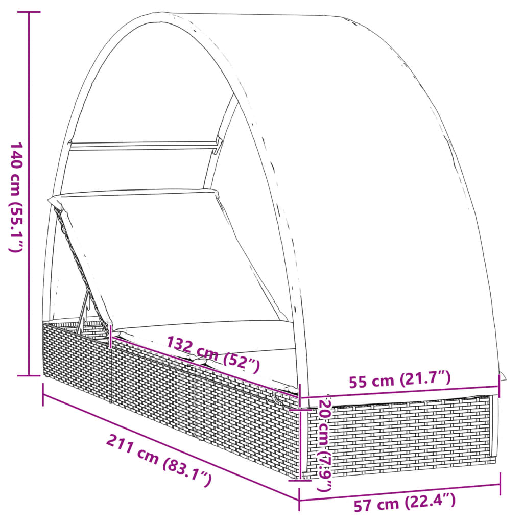 fekete polyrattan napágy kerek tetővel 211 x 57 x 140 cm