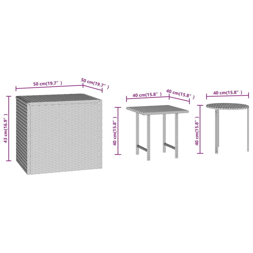 3 db barna polyrattan kisasztal