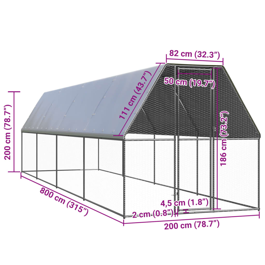 kültéri horganyzott acél tyúkól 2x8x2 m