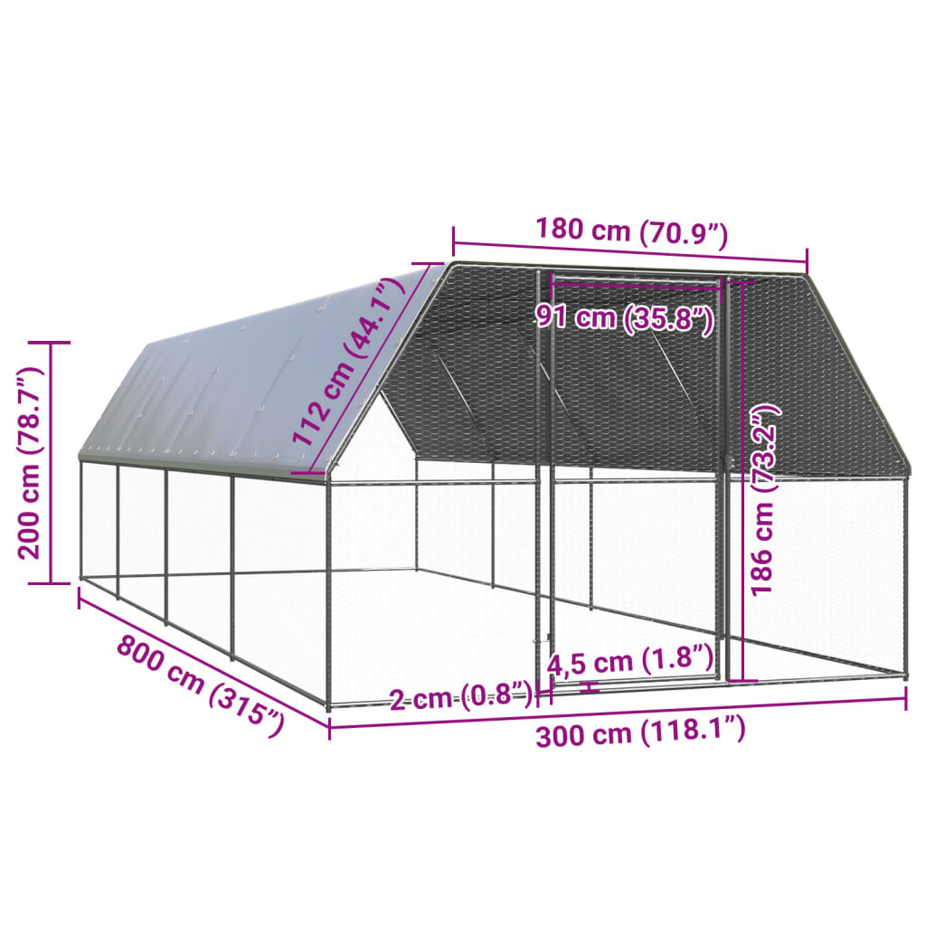 kültéri horganyzott acél tyúkól 3x8x2 m