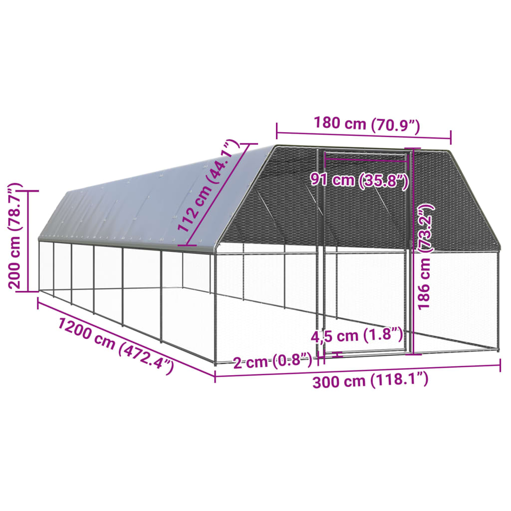kültéri horganyzott acél tyúkól 3x12x2 m