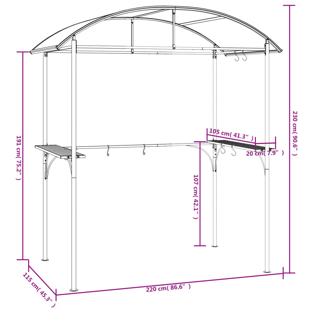 antracit acél grillező pavilon oldalsó polcokkal 220x115x230 cm