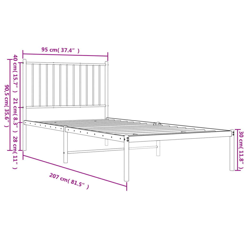 fekete fém ágykeret fejtámlával 90 x 200 cm
