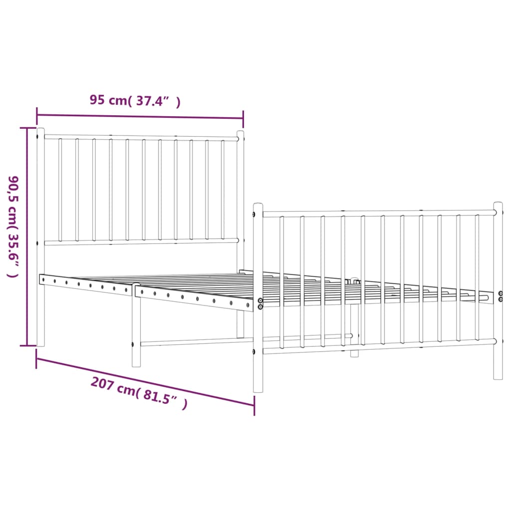 fekete fém ágykeret fej- és lábtámlával 90 x 200 cm
