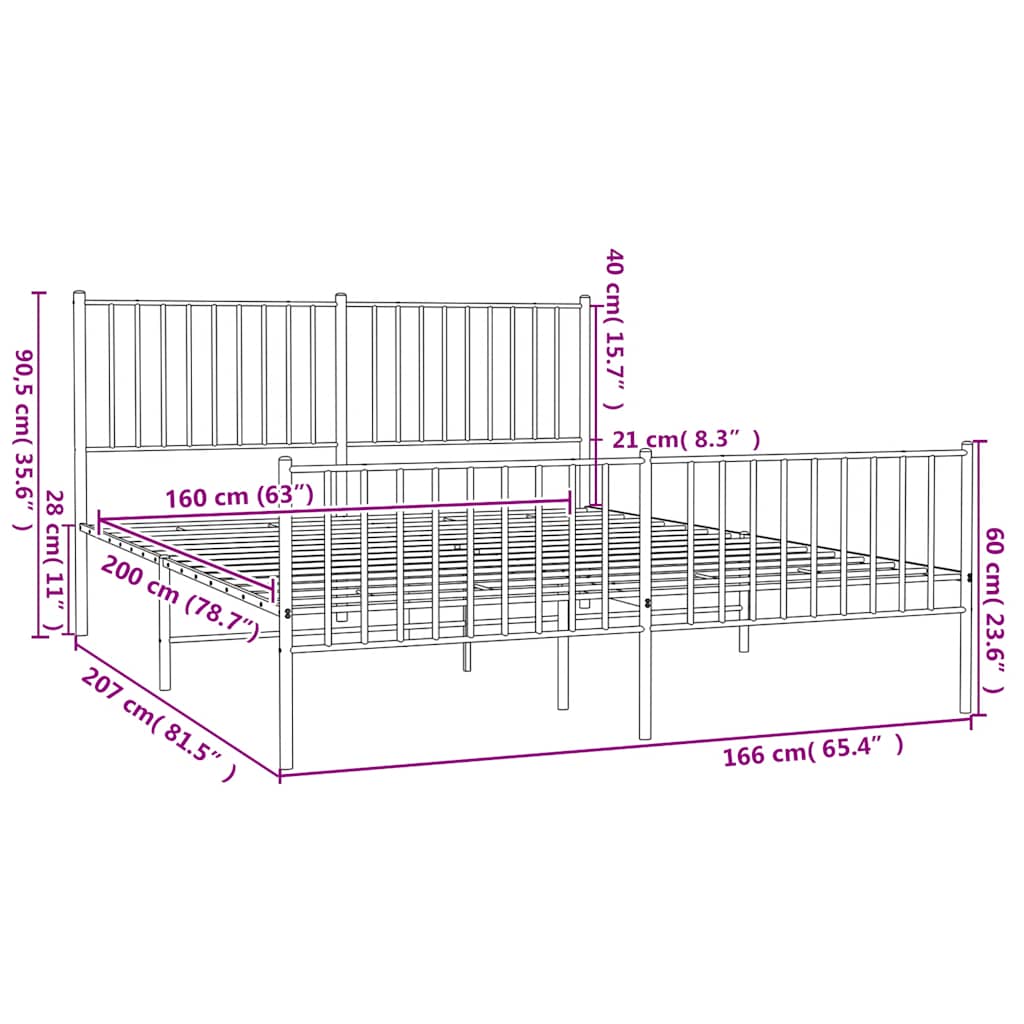 fehér fém ágykeret fej- és lábtámlával 160x200 cm