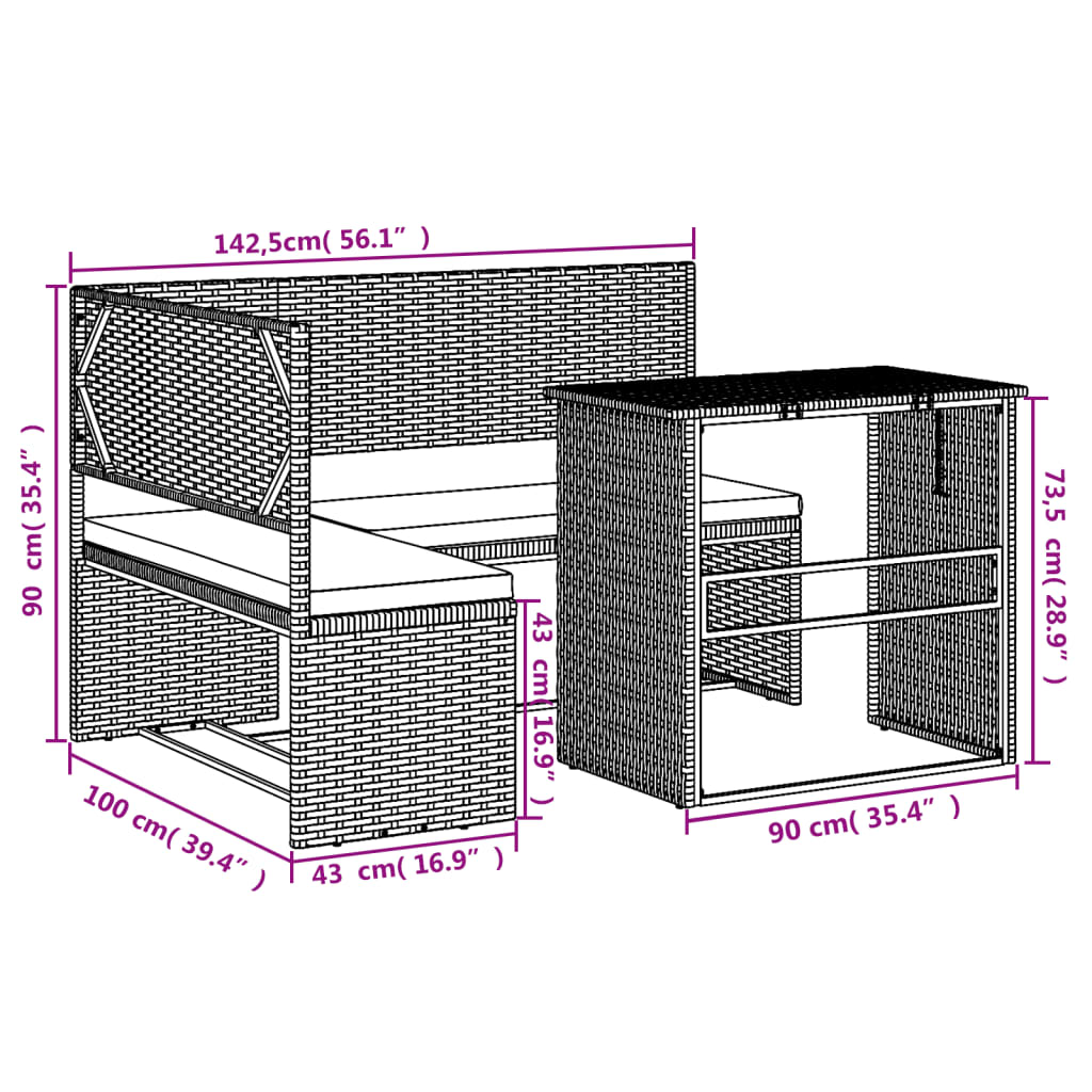 L-alakú fekete polyrattan kerti kanapé asztallal és párnával