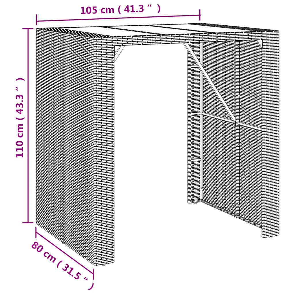 fekete polyrattan üveglapos bárasztal 105 x 80 x 110 cm
