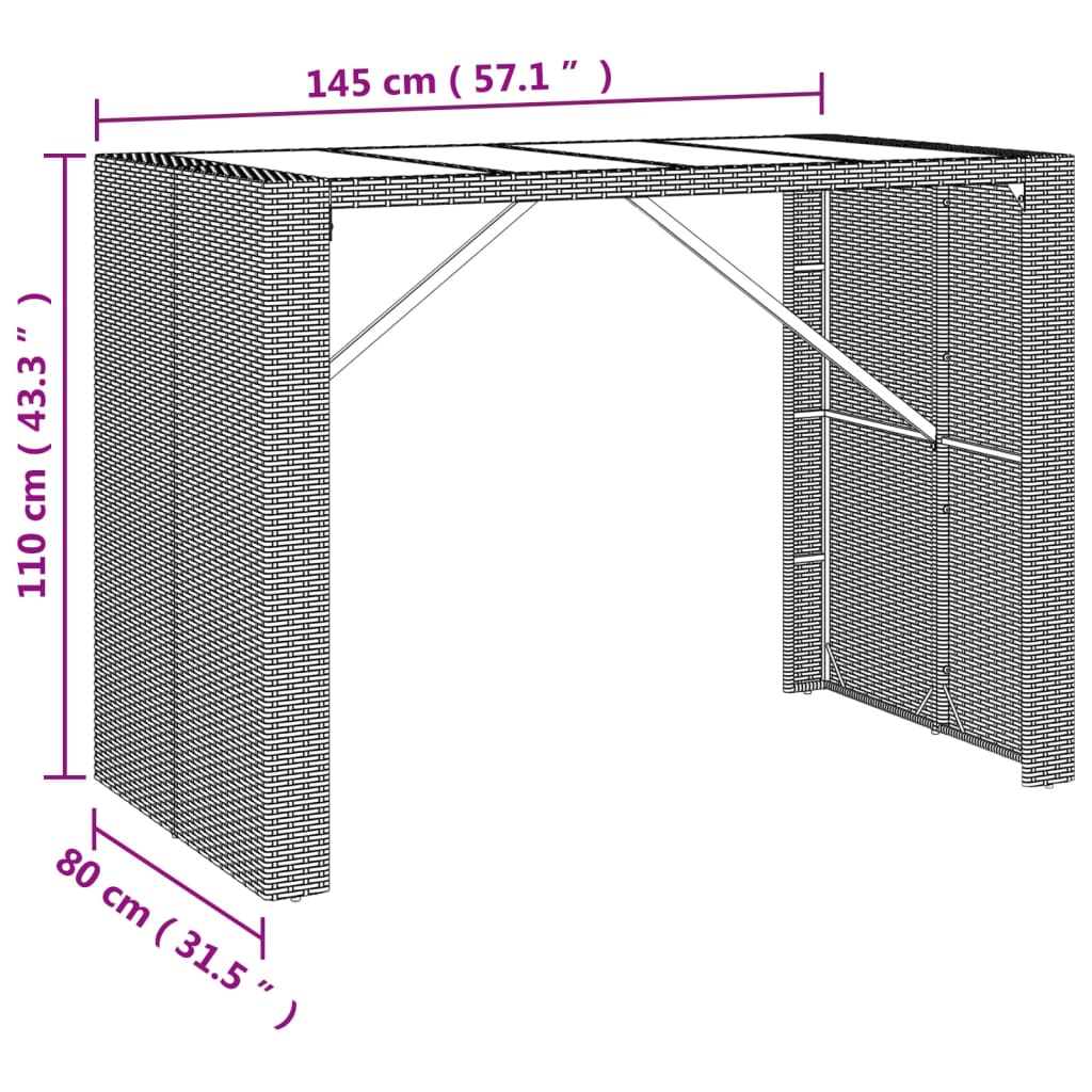 fekete polyrattan üveglapos bárasztal 145 x 80 x 110 cm
