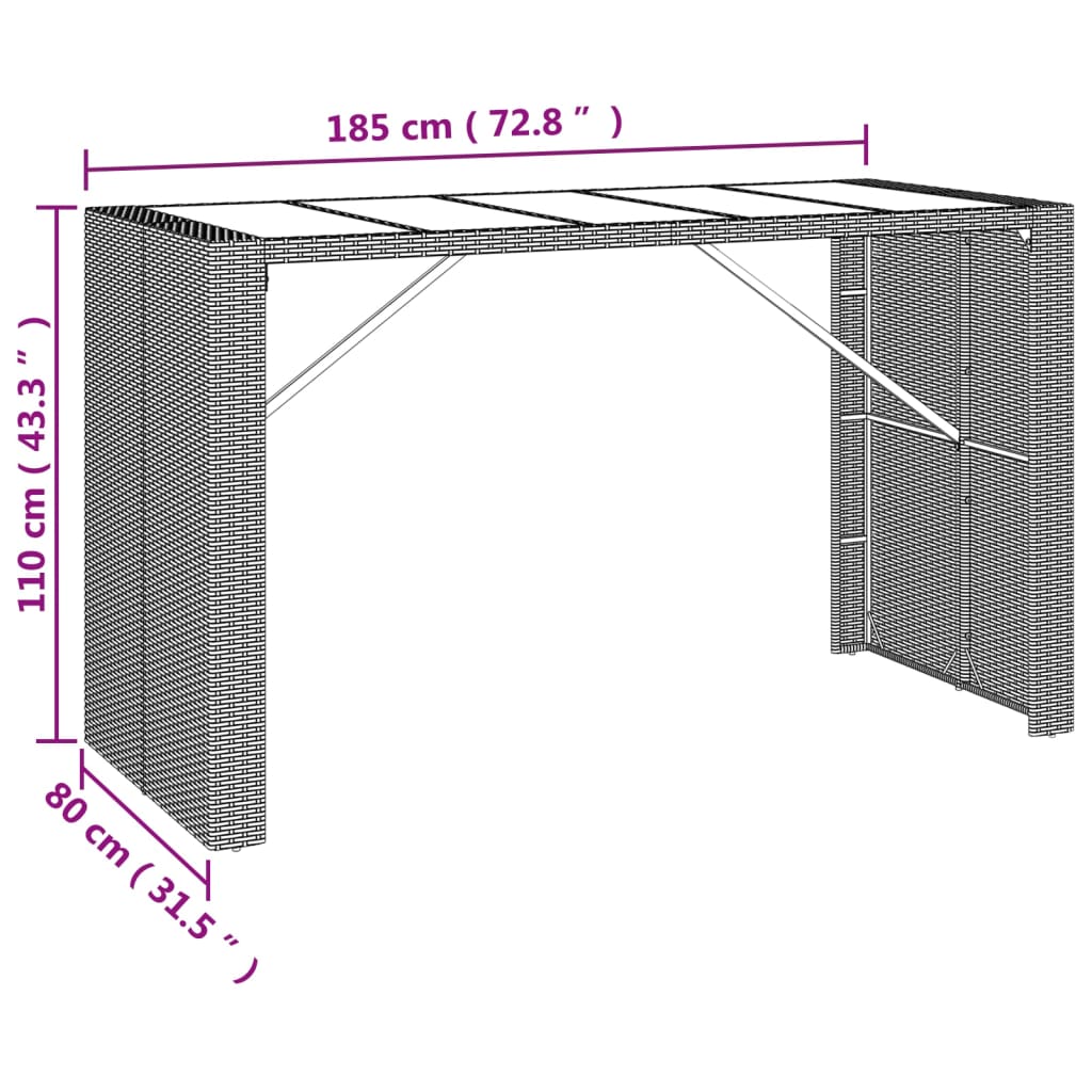 fekete polyrattan üveglapos bárasztal 185 x 80 x 110 cm