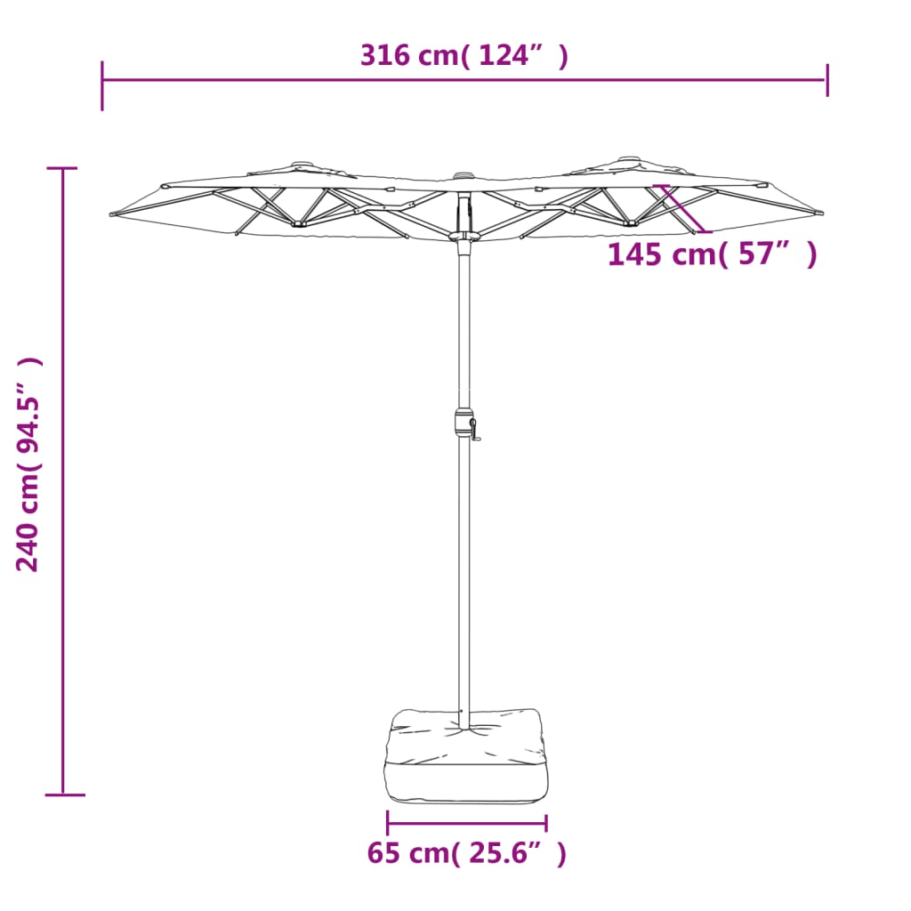 fekete dupla tetős napernyő LED-ekkel 316x145 cm