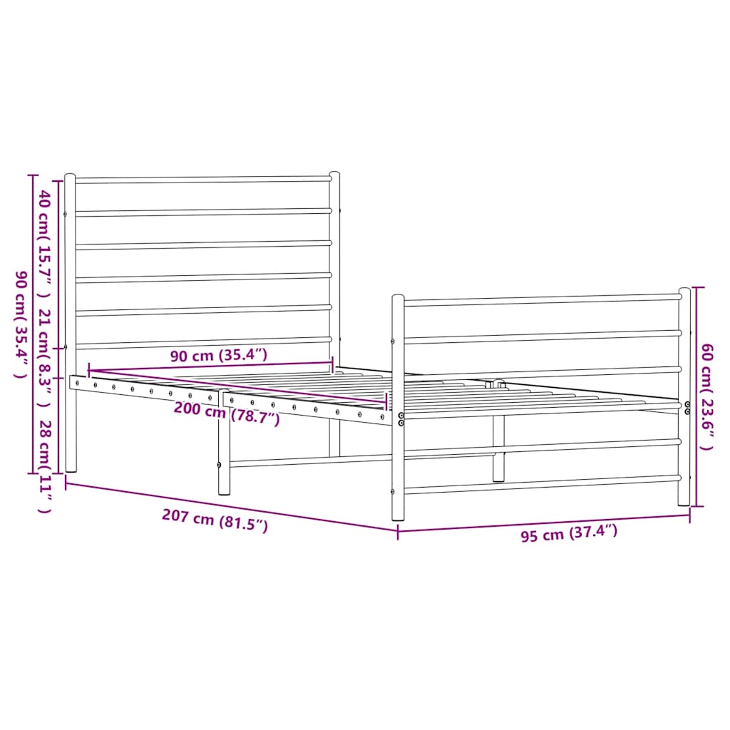 fekete fém ágykeret fej- és lábtámlával 90 x 200 cm