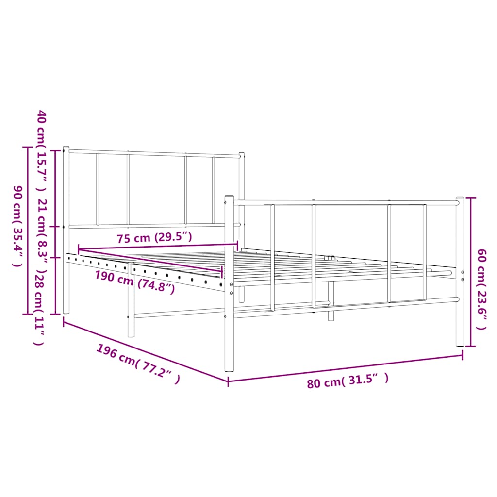 fekete fém ágykeret fej- és lábtámlával 75 x 190 cm