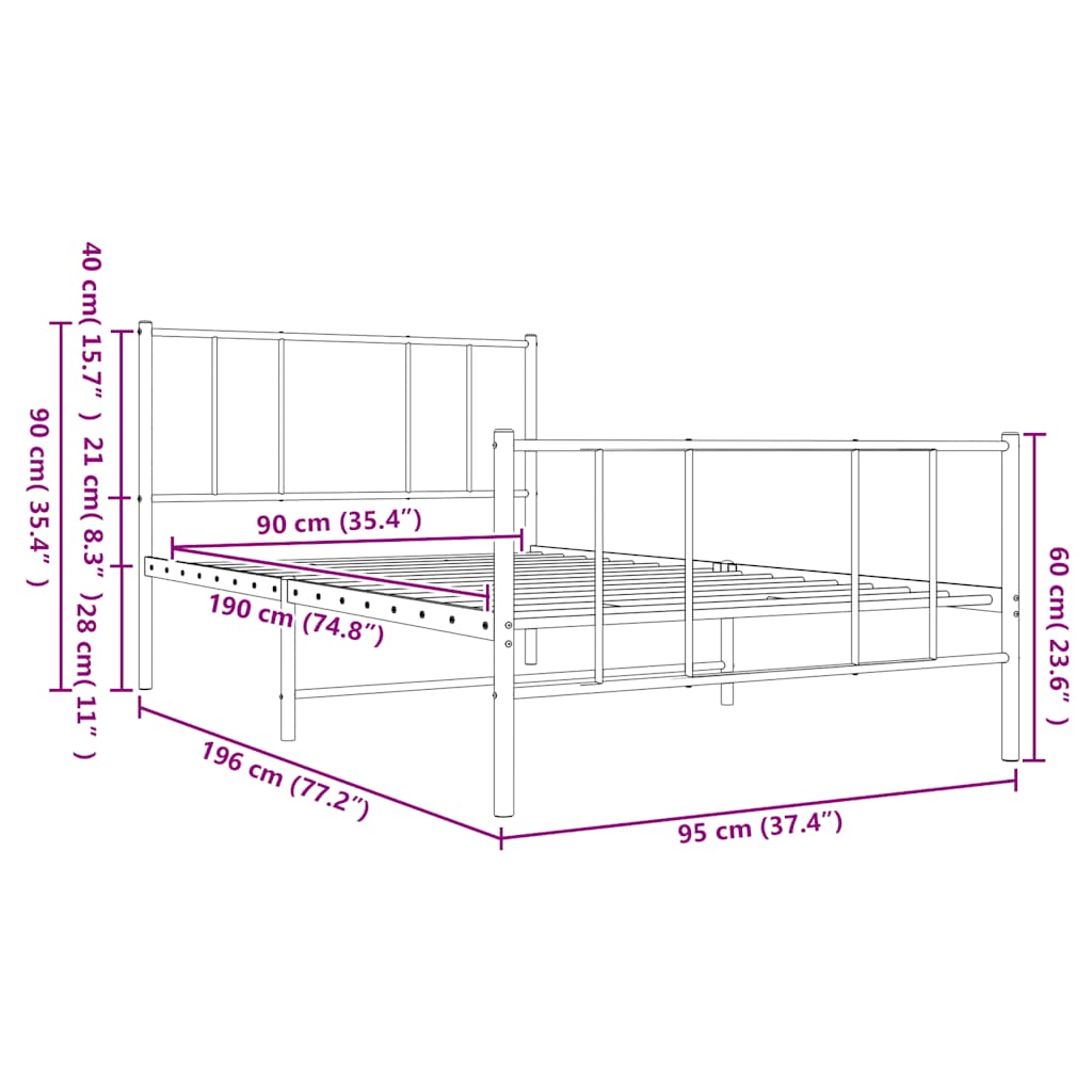 fekete fém ágykeret fej- és lábtámlával 90 x 190 cm