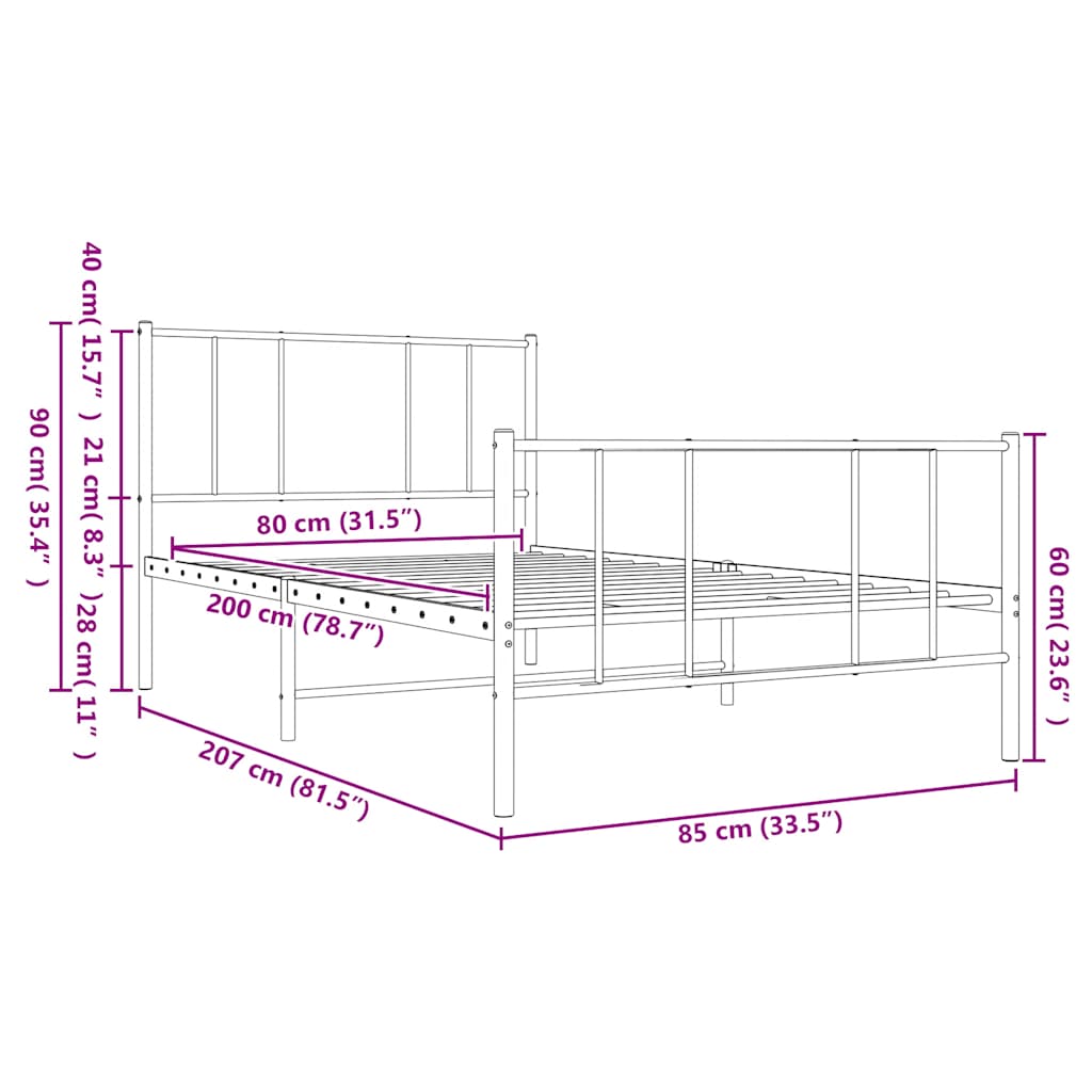 fehér fém ágykeret fej- és lábtámlával 80x200 cm