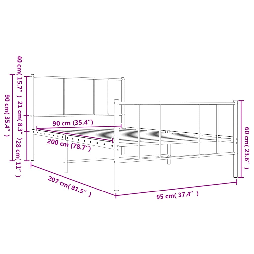 fehér fém ágykeret fej- és lábtámlával 90x200 cm