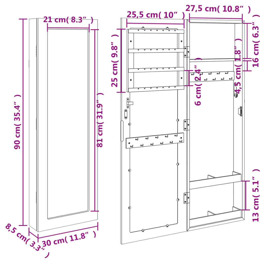 fehér falra szerelhető tükrös ékszerszekrény 30x8,5x90 cm