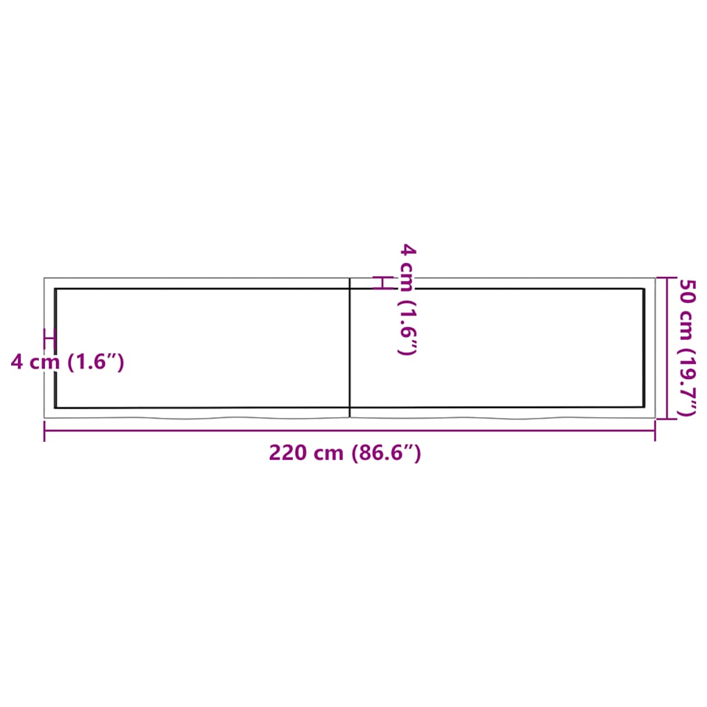 sötétbarna kezelt tömör fa fürdőszobai pult 220x50x(2-4) cm