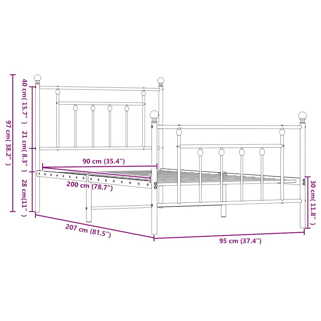 fekete fém ágykeret fej- és lábtámlával 90 x 200 cm