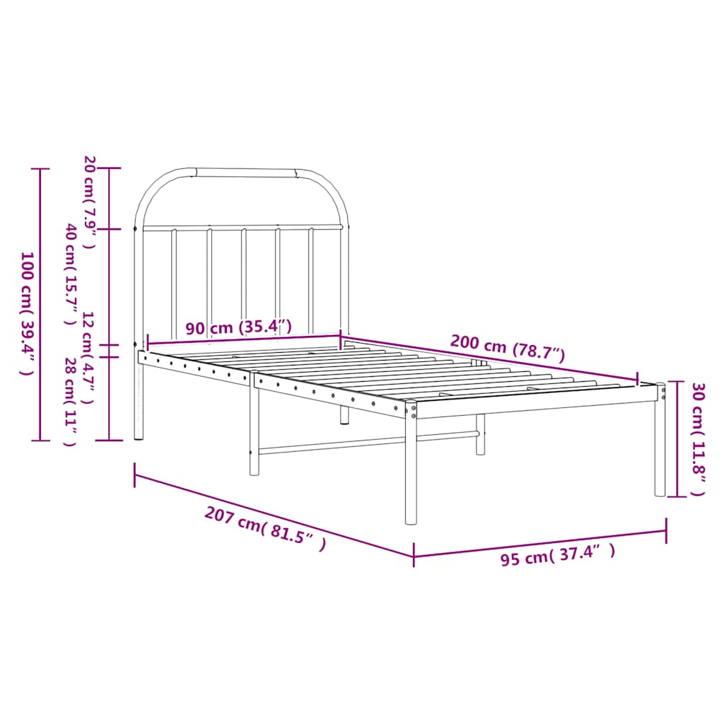 fekete fém ágykeret fejtámlával 90 x 200 cm