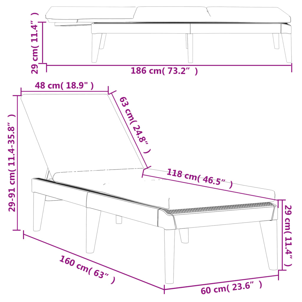 antracitszürke PP napozóágy párnával 186 x 60 x 29 cm