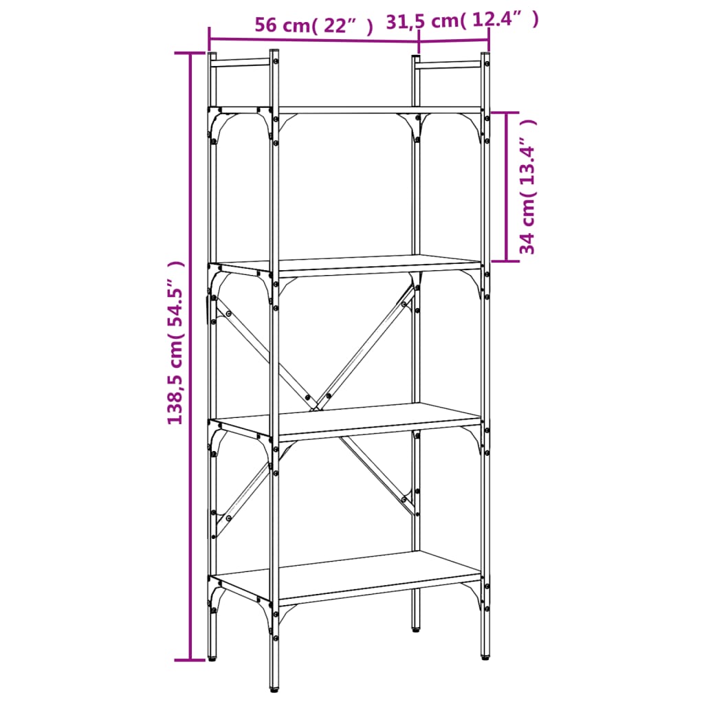 4 szintes fekete szerelt fa könyvespolc 56 x 31,5 x 138,5 cm
